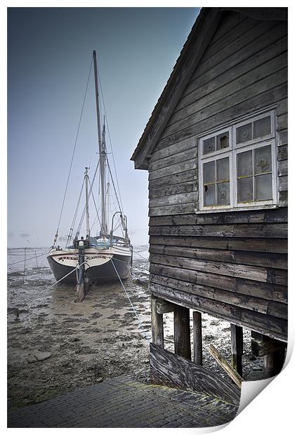 Sailing barge and shed, freezing fog Print by Gary Eason