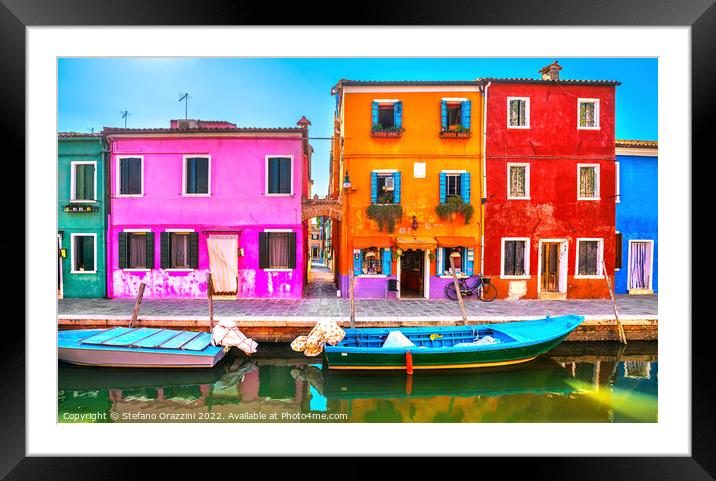 Burano island canal, colorful houses and boats, Framed Mounted Print by Stefano Orazzini
