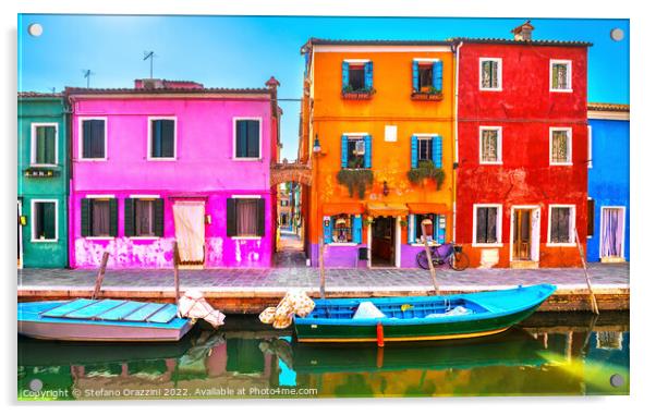 Burano island canal, colorful houses and boats, Acrylic by Stefano Orazzini