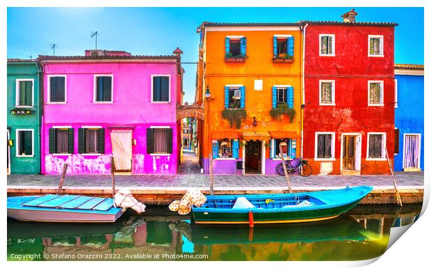 Burano island canal, colorful houses and boats, Print by Stefano Orazzini