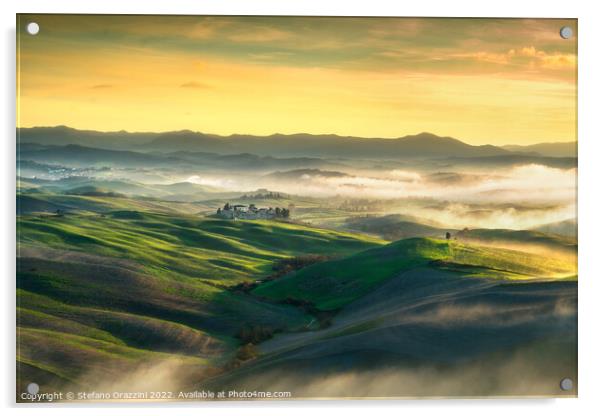 Volterra foggy landscape, rolling hills at sunset. Tuscany Acrylic by Stefano Orazzini