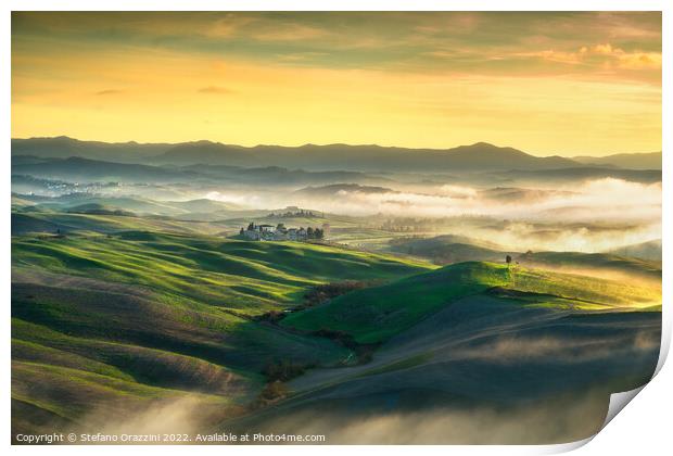 Volterra foggy landscape, rolling hills at sunset. Tuscany Print by Stefano Orazzini