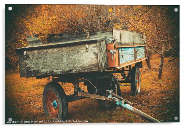 Full harvest trailer standing on the field in autumn Acrylic by Ingo Menhard