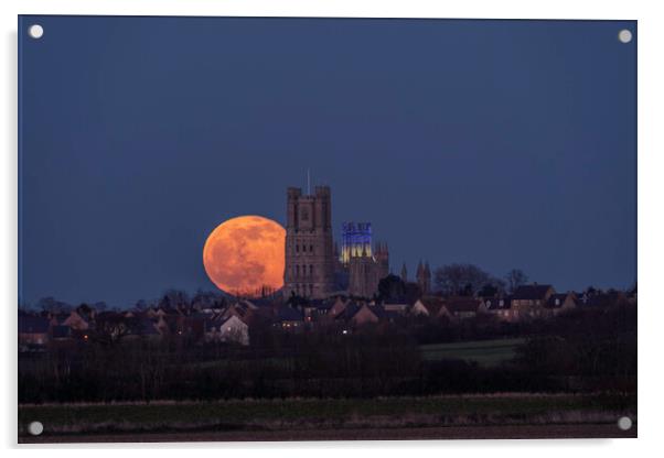 Worm Moon rising behind Ely Cathedral, 18th March 2022 Acrylic by Andrew Sharpe