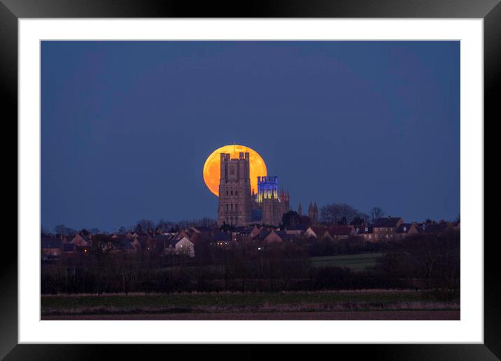 Worm Moon rising behind Ely Cathedral, 18th March 2022 Framed Mounted Print by Andrew Sharpe