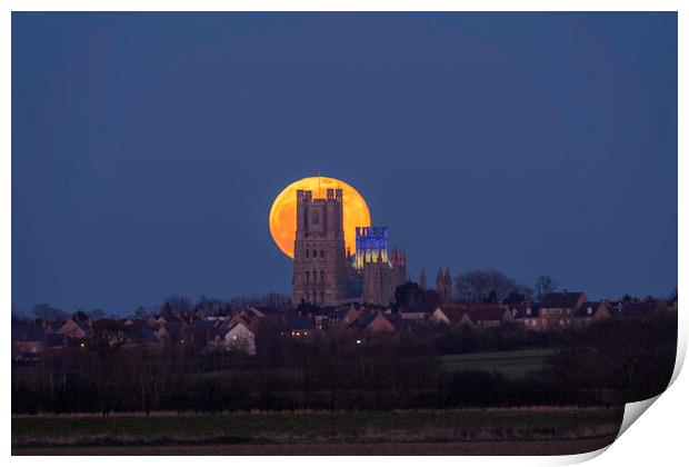 Worm Moon rising behind Ely Cathedral, 18th March 2022 Print by Andrew Sharpe