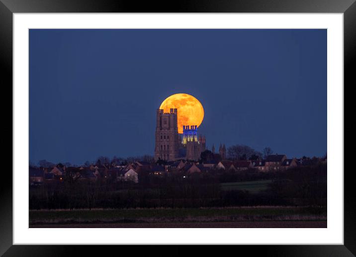 Worm Moon rising behind Ely Cathedral, 18th March 2022 Framed Mounted Print by Andrew Sharpe