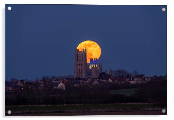 Worm Moon rising behind Ely Cathedral, 18th March 2022 Acrylic by Andrew Sharpe