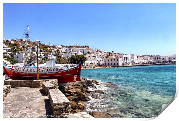 Clear waters of the Mediterranean sea and harbour Chora, Mykonos Print by Kevin Hellon