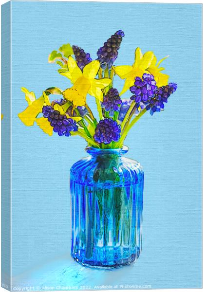Spring Flowers In A Blue Glass Bottle  Canvas Print by Alison Chambers