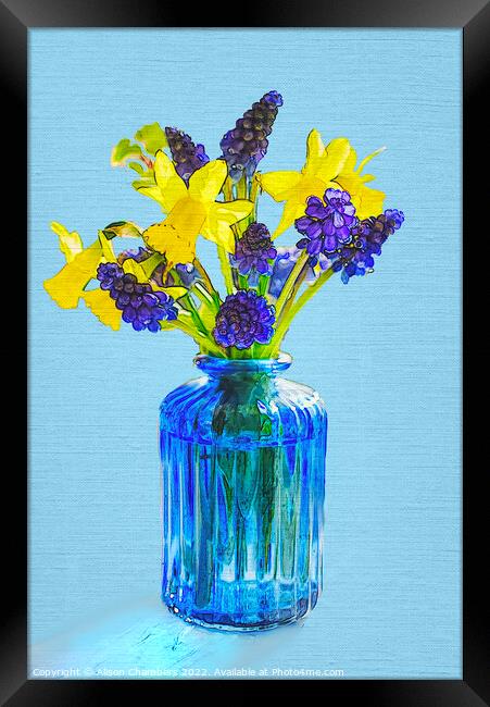 Spring Flowers In A Blue Glass Bottle  Framed Print by Alison Chambers