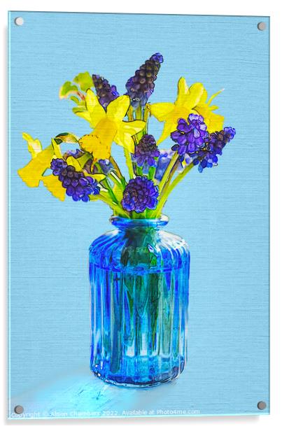 Spring Flowers In A Blue Glass Bottle  Acrylic by Alison Chambers