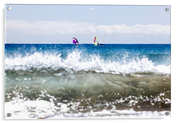 Windsurfers windsurfing on blue seas at El Medano Tenerife Acrylic by Phil Crean
