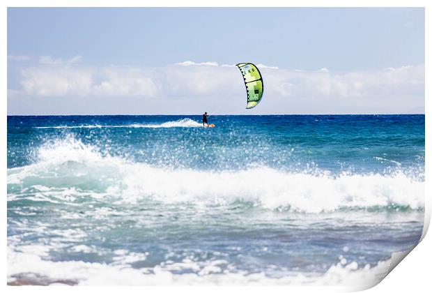 Kitesurfer on blue seas at  El Medano Tenerife Print by Phil Crean