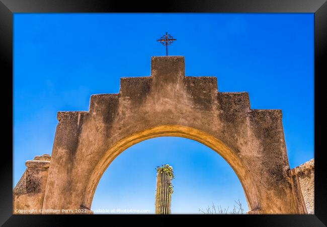 Garden Gate Cactus Mission San Xavier Church Tucson Arizona Framed Print by William Perry