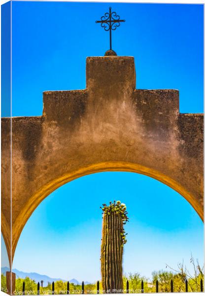 Gate Saguaro Cactus Mission San Xavier Church Tucson Arizona Canvas Print by William Perry