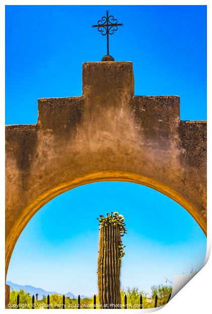 Gate Saguaro Cactus Mission San Xavier Church Tucson Arizona Print by William Perry