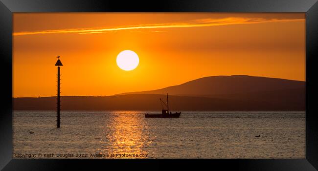 Morecambe Bay Sunset with fishing boat Framed Print by Keith Douglas
