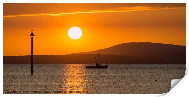 Morecambe Bay Sunset with fishing boat Print by Keith Douglas