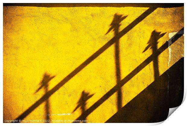 Four spears on yellow wall Print by Ingo Menhard