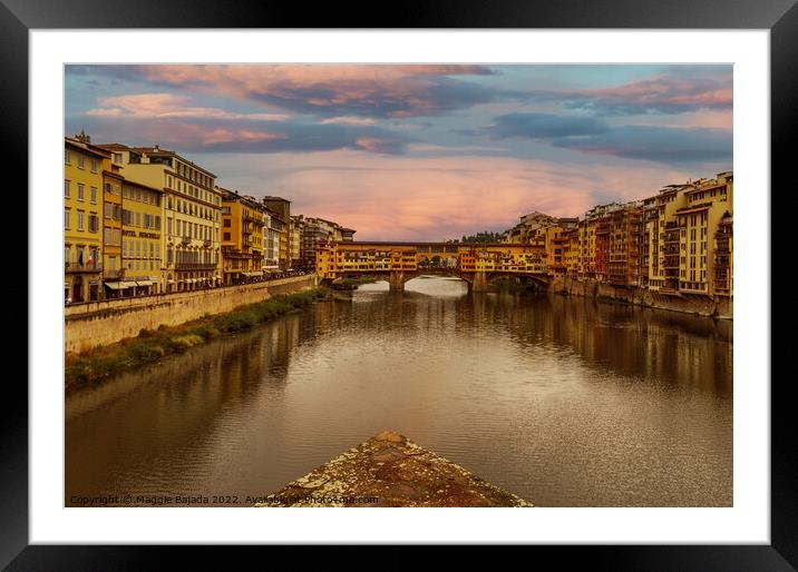Famous Bridge of Ponte Vecchio of Florence, Italy. Framed Mounted Print by Maggie Bajada