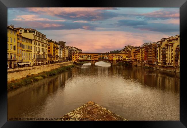Famous Bridge of Ponte Vecchio of Florence, Italy. Framed Print by Maggie Bajada