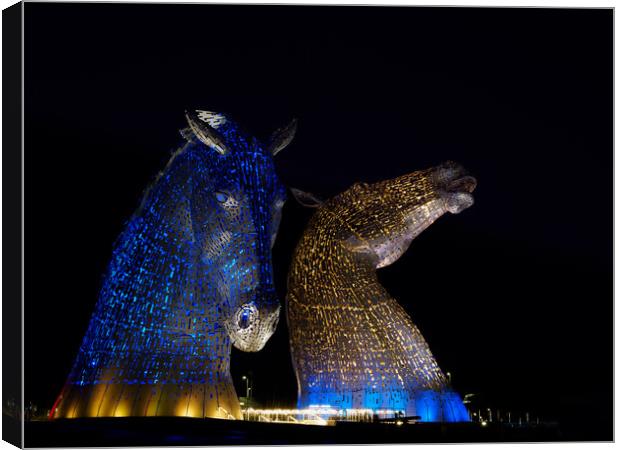 The Kelpies at night. Canvas Print by Tommy Dickson