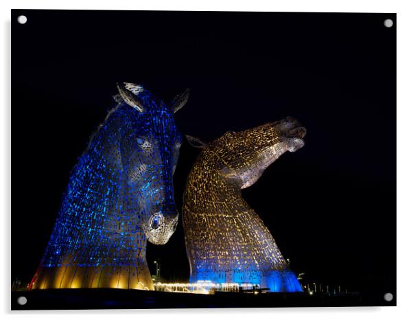 The Kelpies at night. Acrylic by Tommy Dickson