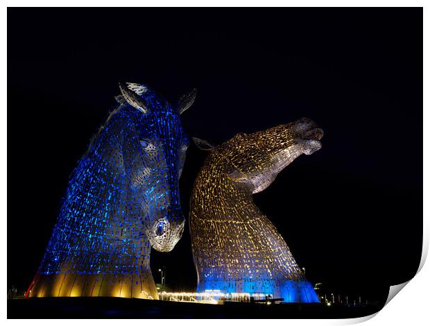 The Kelpies at night. Print by Tommy Dickson