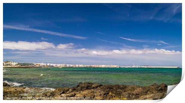 Harbour and seafront, Corralejo, Fuerteventura Print by Michael Shannon