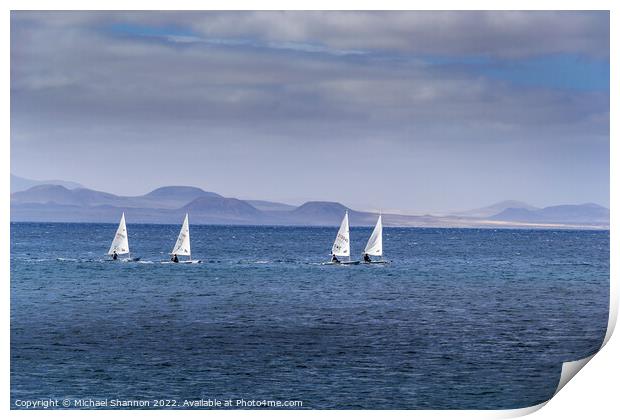 Four Sailing Boats, Playa Blanca, Lanzarote Print by Michael Shannon