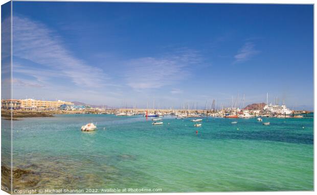 Small boats moored in the bay, next to the harbour Canvas Print by Michael Shannon