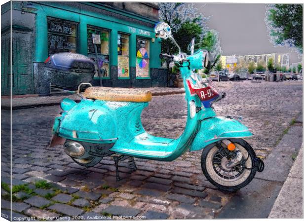 Green Vespa Scooter in Dundee - Scotland.  Canvas Print by Peter Gaeng