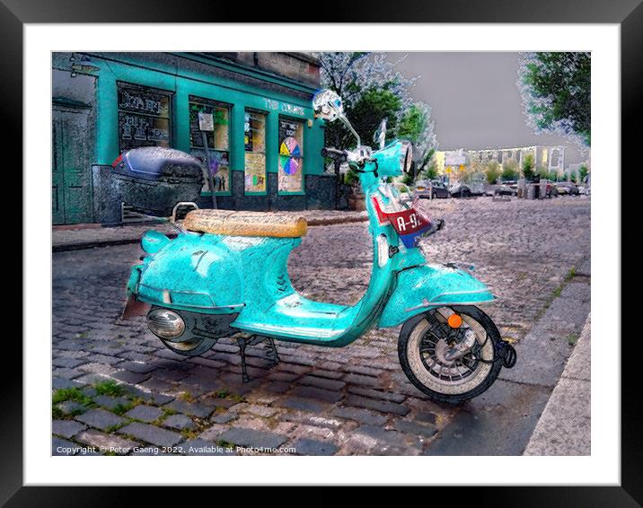 Green Vespa Scooter in Dundee - Scotland.  Framed Mounted Print by Peter Gaeng