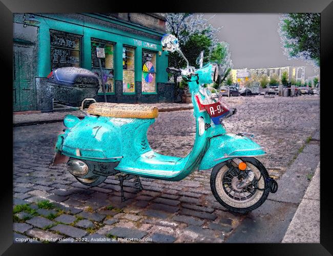 Green Vespa Scooter in Dundee - Scotland.  Framed Print by Peter Gaeng
