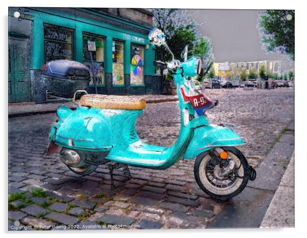 Green Vespa Scooter in Dundee - Scotland.  Acrylic by Peter Gaeng
