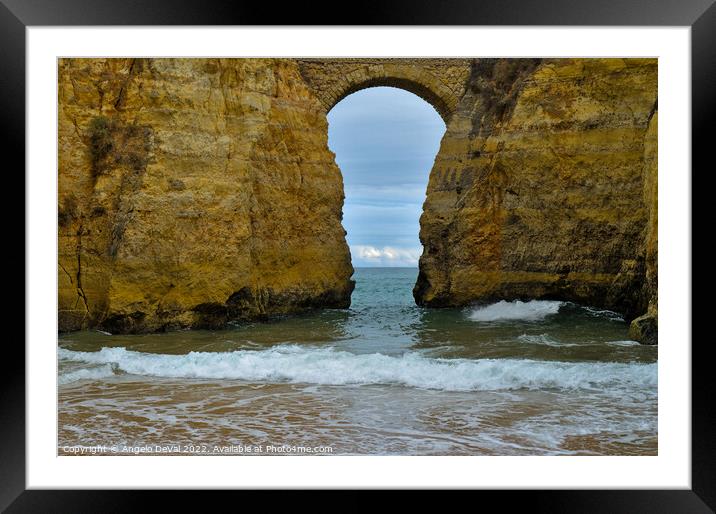 Estudantes Beach Scene and Bridge over cliffs in Lagos Framed Mounted Print by Angelo DeVal