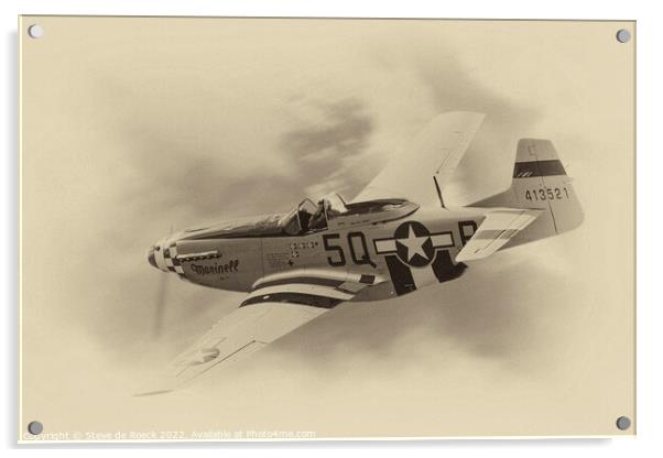 North American P51D Mustang Sweeps Across The Sky. Acrylic by Steve de Roeck