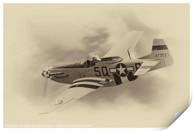 North American P51D Mustang Sweeps Across The Sky. Print by Steve de Roeck