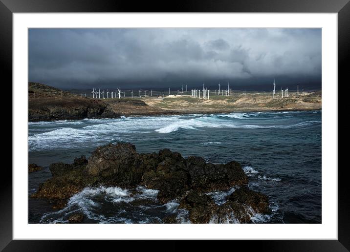 Wind turbines and rough seas Tenerife Framed Mounted Print by Phil Crean