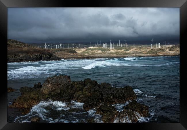 Wind turbines and rough seas Tenerife Framed Print by Phil Crean