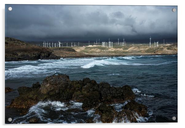 Wind turbines and rough seas Tenerife Acrylic by Phil Crean