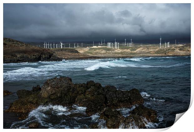 Wind turbines and rough seas Tenerife Print by Phil Crean
