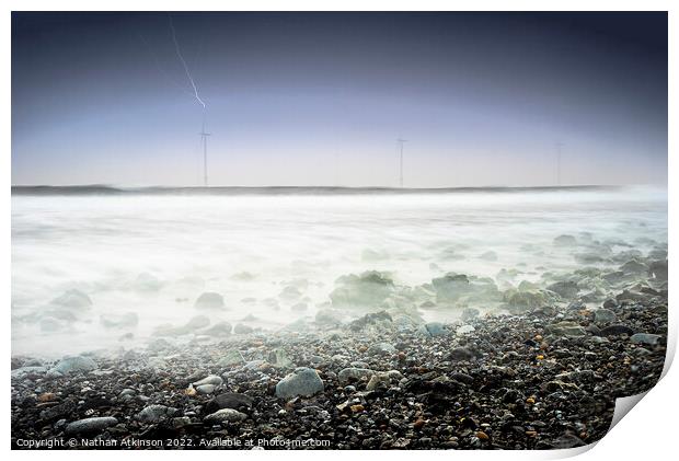 Lightning offshore at Redcar Print by Nathan Atkinson
