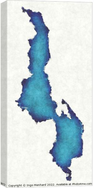 Malawi map with drawn lines and blue watercolor illustration Canvas Print by Ingo Menhard