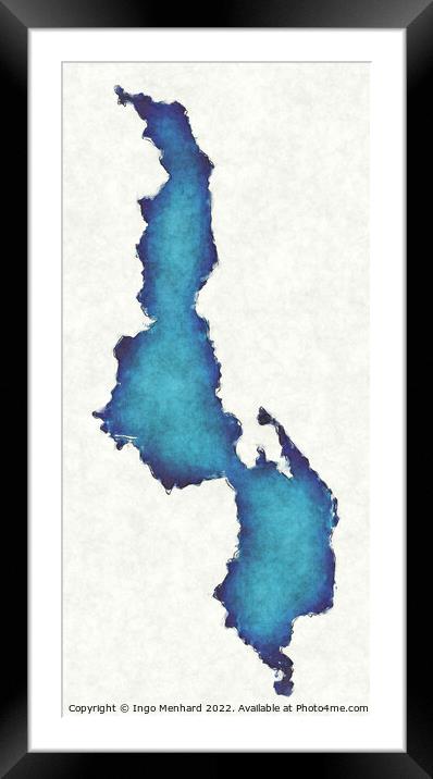 Malawi map with drawn lines and blue watercolor illustration Framed Mounted Print by Ingo Menhard