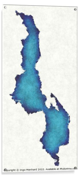 Malawi map with drawn lines and blue watercolor illustration Acrylic by Ingo Menhard