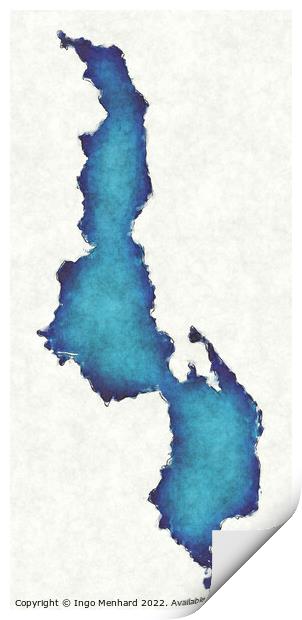 Malawi map with drawn lines and blue watercolor illustration Print by Ingo Menhard