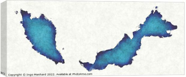 Malaysia map with drawn lines and blue watercolor illustration Canvas Print by Ingo Menhard