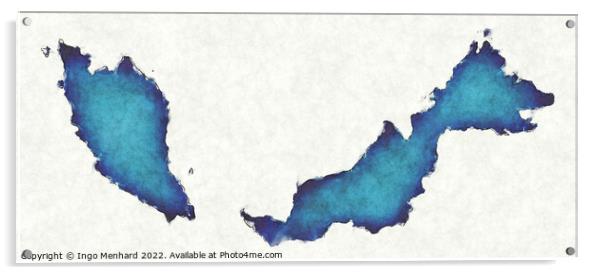 Malaysia map with drawn lines and blue watercolor illustration Acrylic by Ingo Menhard